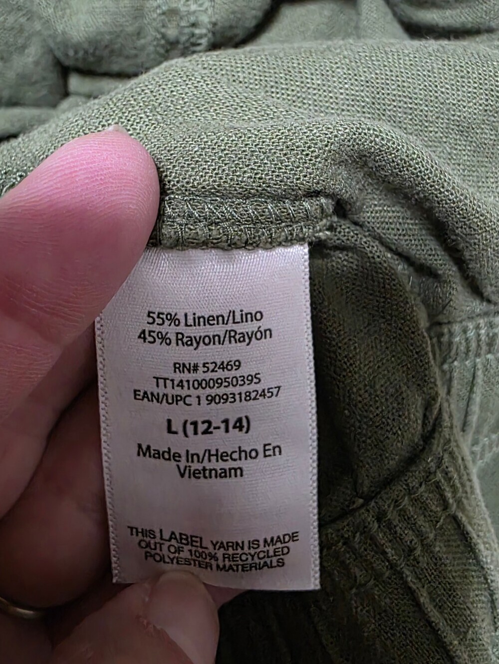 Time and Tru Olive Green Linen Blend Casual Drawstring Pants Size L (12-14) - Picture 5 of 7